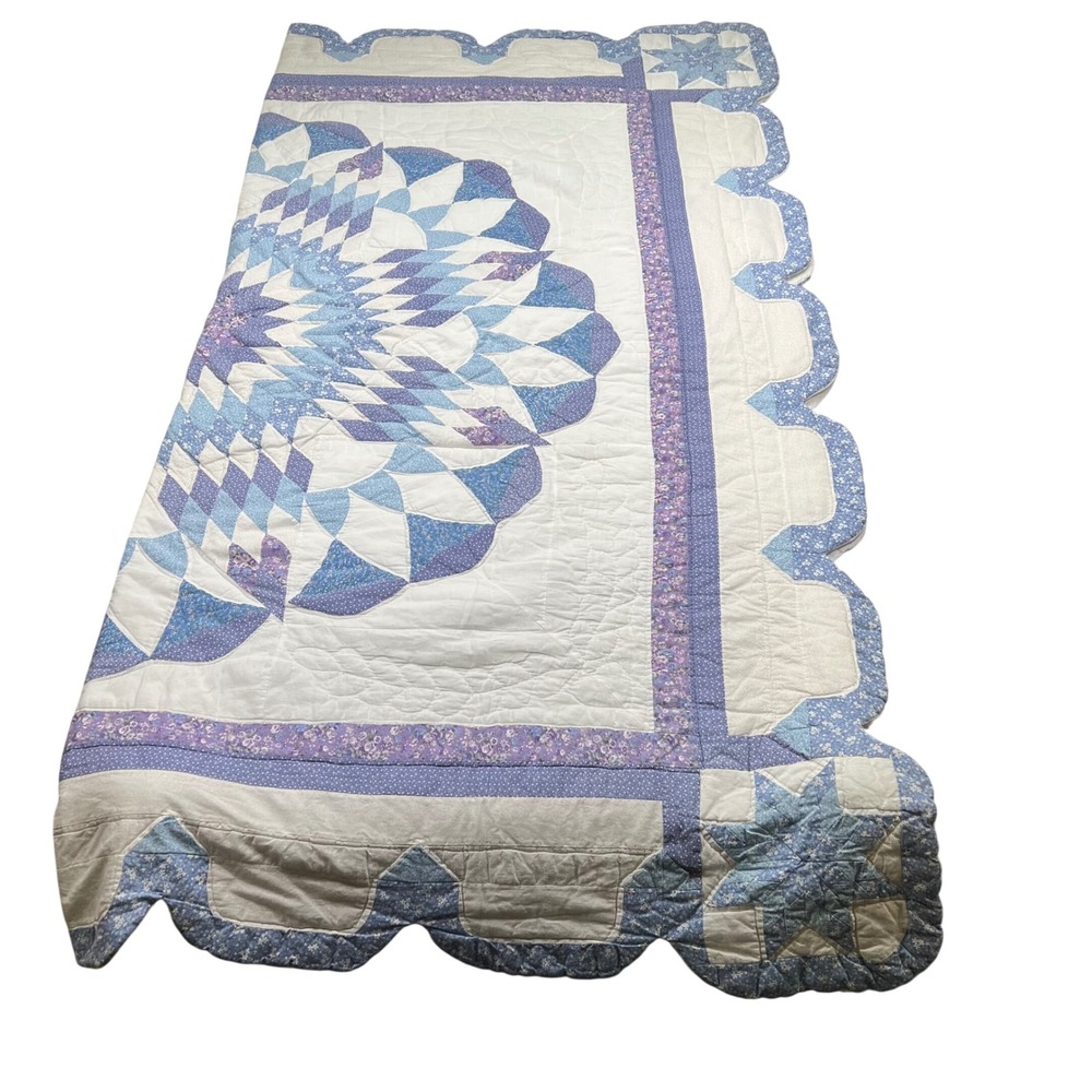 Handmade Lone Star Quilt Blue Purple Scalloped Edge Patchwork Farmhouse VTG